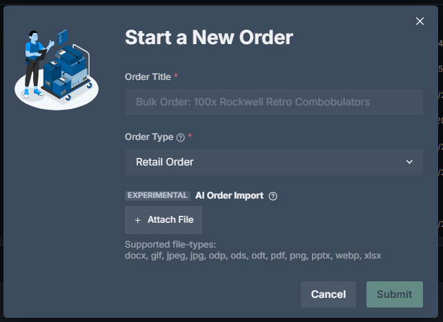 Complete the Start a New Order dialog box